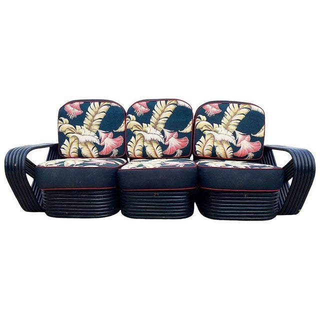 Wood 1950s Restored Black Frankl Style 6-Strand Square Pretzel Rattan Sofa Lounge Chair Set For Sale - Image 7 of 18