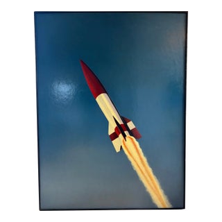 Late 20th Century Large Vintage Illustration Painting of a Rocket Oil on Masonite Framed For Sale