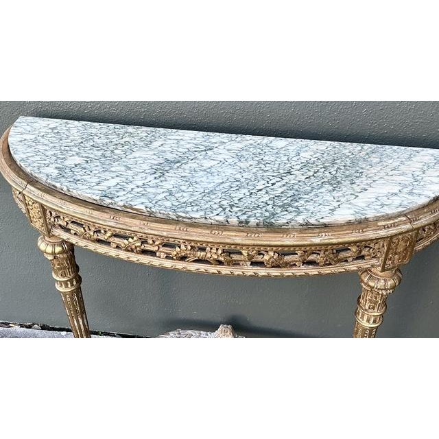 Wood Vintage French Giltwood Marble Top Demilune Console Tables - A Pair For Sale - Image 7 of 12
