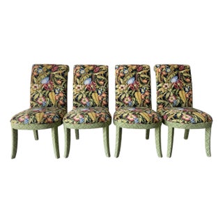 Parsons Style Dining Chairs With Rounded Apron and Tapered Legs in Tropical Botanical Upholstery, Set of 4 For Sale