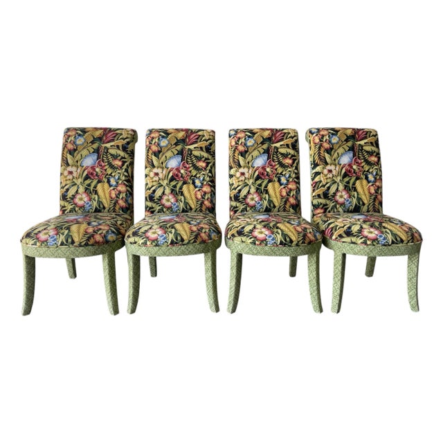 Parsons Style Dining Chairs With Rounded Apron and Tapered Legs in Tropical Botanical Upholstery, Set of 4 For Sale