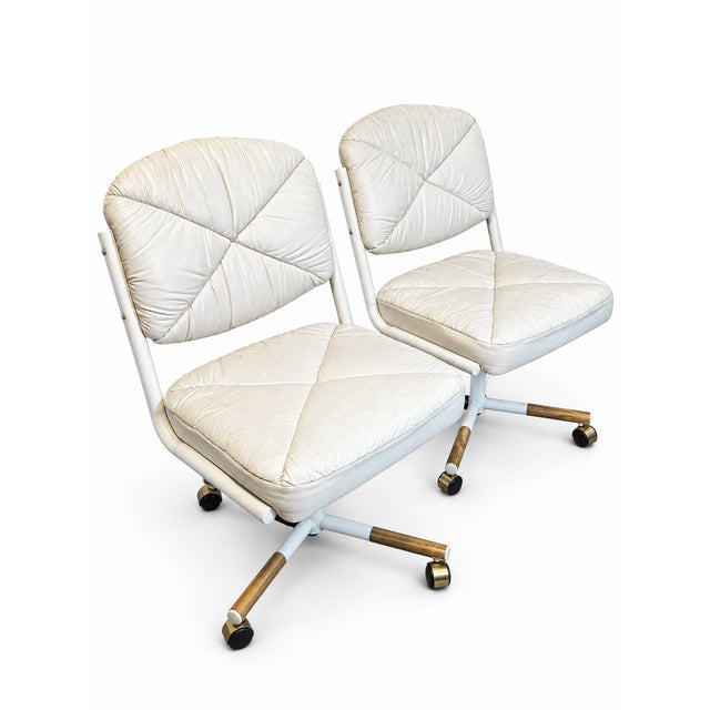Vintage Douglas Furniture Ivory Faux-Leather Swivel Chairs on Casters — Pair For Sale - Image 4 of 10