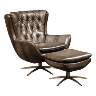MCM Tufted Leather Wingback Swivel Chair With Ottoman in Grey For Sale