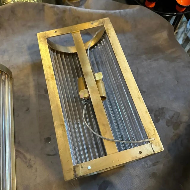 1980s Two Sciolari Style Mid-Century Modern Brass and Glass Italian Wall Sconces For Sale - Image 5 of 12