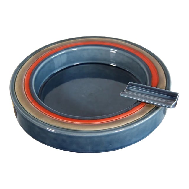Vintage Baldelli Ceramic Cigar Ashtray in Stone Blue With Orange Accents For Sale