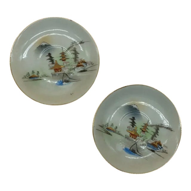 Pair of Vintage Kutani Japan Hand-Painted Porcelain Scenic Dishes For Sale
