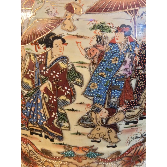 Ceramic Grand 14" Jeweled Japanese Satsuma-Style Moriage Lidded Urn - Immortal Koi Handles For Sale - Image 7 of 18