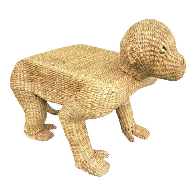1974 Vintage Mario Lopez Torres Palm Beach Regency Monkey Wicker Side Table Stool Bench For Sale