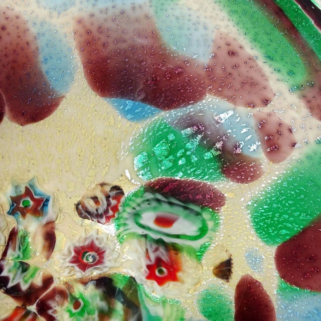 Abstract Murano Purple Green Blue Silver Leaf Millefiori Flowers Vintage Italian Art Glass Decorative Center Bowl For Sale - Image 3 of 7