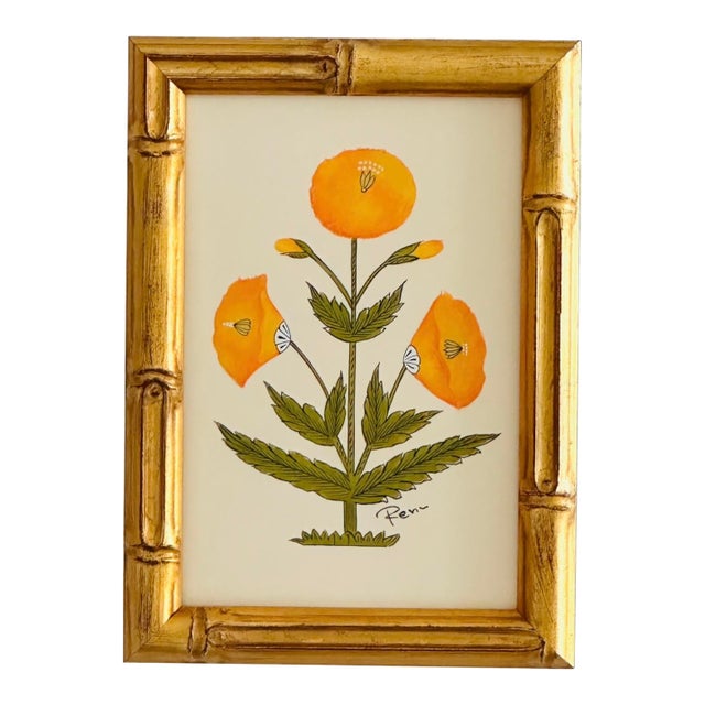 Hand-Painted Jaipuri Orange Floral Motif Painting. Framed For Sale