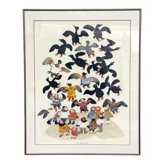 Vintage Rie Muñoz "Guillemot Legend" Framed Art Print – 1988 Alaskan Folk Art Illustration. For Sale