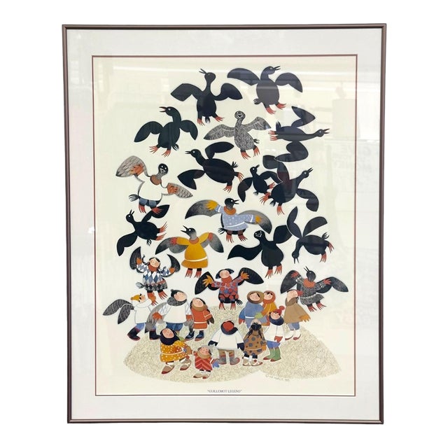 Vintage Rie Muñoz "Guillemot Legend" Framed Art Print – 1988 Alaskan Folk Art Illustration. For Sale