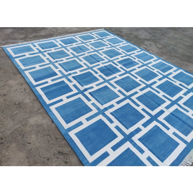 Handmade Cotton Pattern Square Rug, Sky Blue and White 8'x10' For Sale - Image 6 of 11