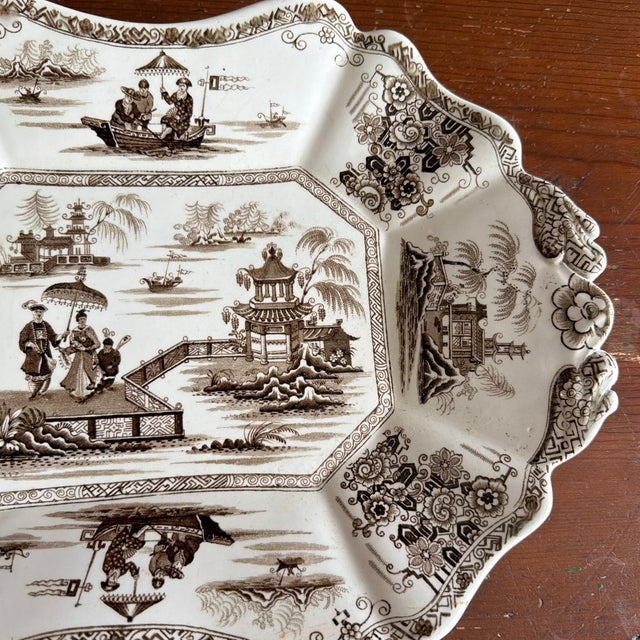 A Antique Brown Transfer Decorated Staffordshire Platter, “Nankin” by Dimmock, Circa 1830’s For Sale - Image 4 of 12