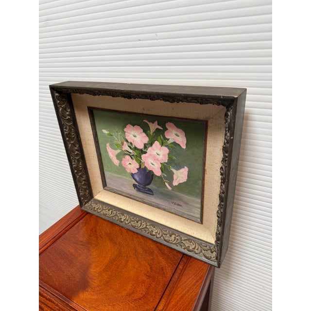 Mid-Century Modern V. Eaton Pink Petunias Still Life Painting, Signed For Sale - Image 3 of 12