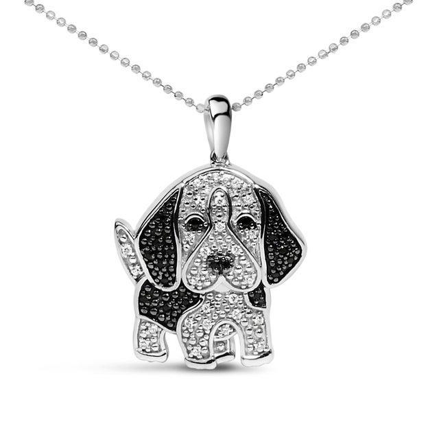 .925 Sterling Silver 1/4 Cttw White and Black Diamond Basset Hound Dog Pendant Necklace 18 inch (I-J Color, I2-I3 Clarity) For Sale