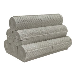 Italian Ceramic Sculptural Box Signed, 1980 – White Textured “Stacked Logs” Form For Sale