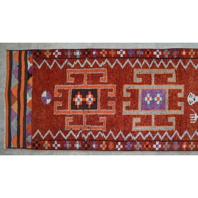 Ruby Red 1960s Vintage Hand-Knotted Primitive Turkish Rug Runner Ancient Alien Motif - 2′8″ × 10′8″ For Sale - Image 8 of 13