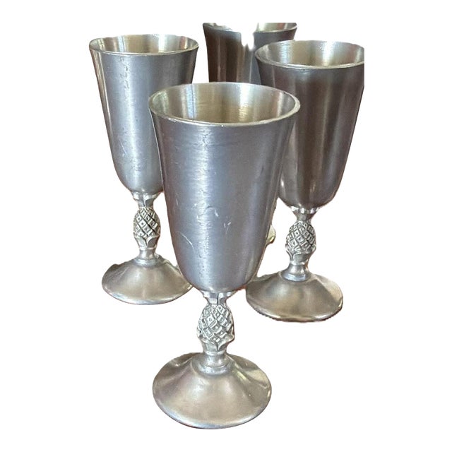 Vintage Mid-Century Modern Pewter Cordials Elegant Dining Barware Entertaining - Set of 6 For Sale