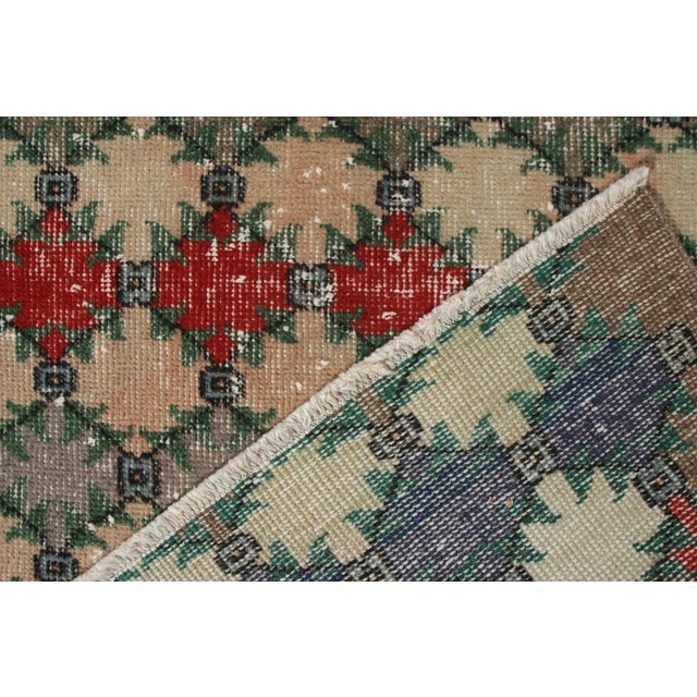 1960s Hand-Knotted Vintage Mid Century Kilim Runner in Green,Blue,Brown,Red Geometric Pattern For Sale - Image 5 of 6