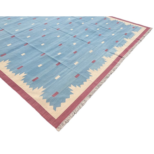Handmade Cotton Vegetable Dyed Rug, Sky Blue and Pink Geometric Dhurrie-8'x10' For Sale - Image 6 of 13