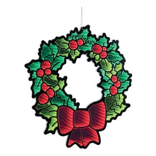 Hanging Holly Wreath with Bow Ekkolight 24"H For Sale