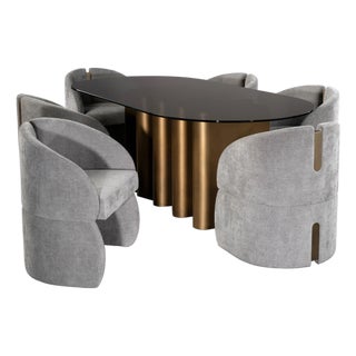 Romeo Glass Top Sculptural Oval Dining Table Set with 6 Gray Velvet Chairs For Sale