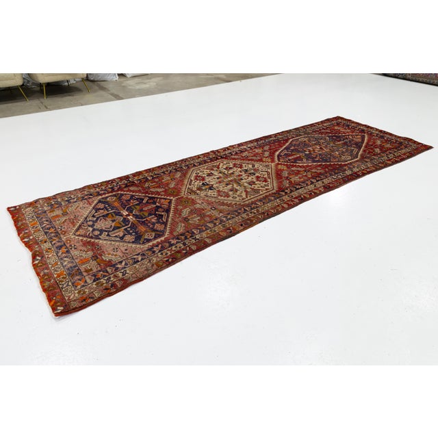 Ivory Antique Turkish Anatolian Runner Rug With Triple Medallion Motif in Crimson and Indigo Wool For Sale - Image 8 of 9