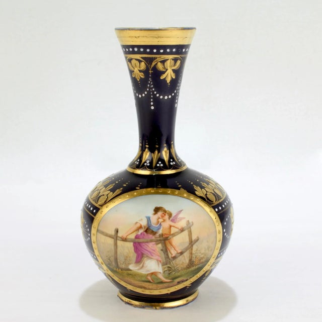 Signed Antique Royal Vienna Style Porcelain Gilt & Hand Painted Cobalt Blue Vase For Sale - Image 13 of 13