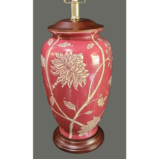 Vintage Asian Inspired Painted Chrysanthemum Floral Red Table Lamp For Sale - Image 4 of 10