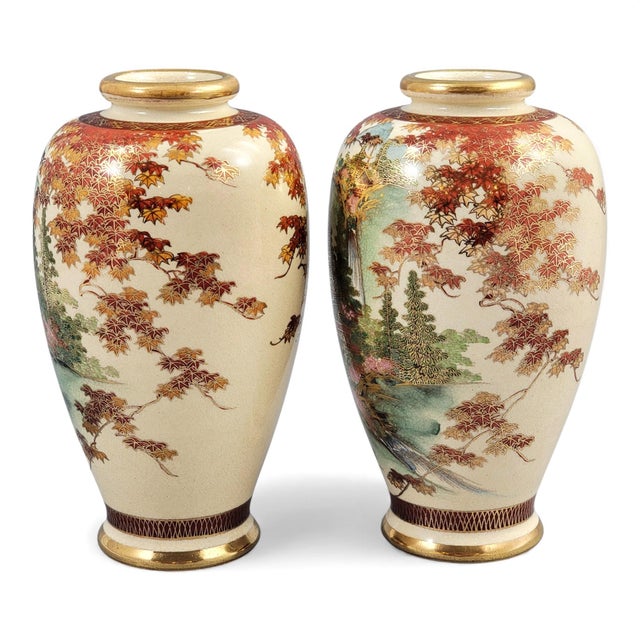 Kyoto Satsuma Landscape Vases, Set of 2 For Sale - Image 3 of 14