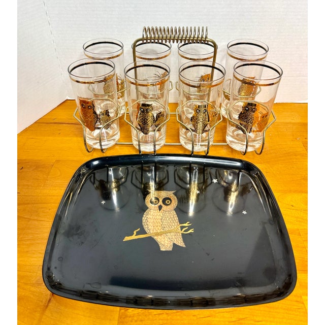 Vintage Culver Ltd Eight Highball Barware Glasses 22K Gold Owls Hollywood Regency 1950s Signed. Comes with Vintage Metal...
