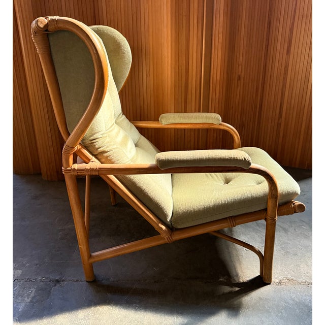 Rattan and Light Green Velvet Armchair, 1960s For Sale - Image 4 of 8