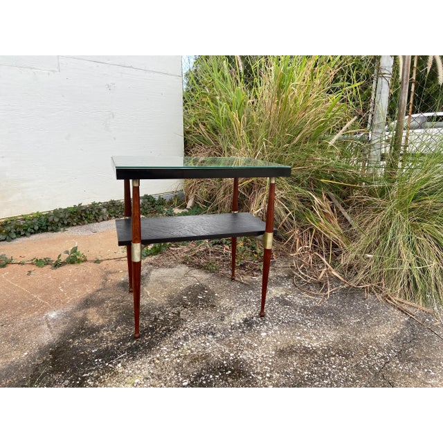 Mid Century Modern Slate + Wood Side Table | Glass Top Cover + Brass Hardware For Sale - Image 4 of 12