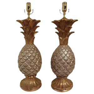 1960's Vintage Italian Gilt Terra Cotta Pineapple Lamps - a Pair