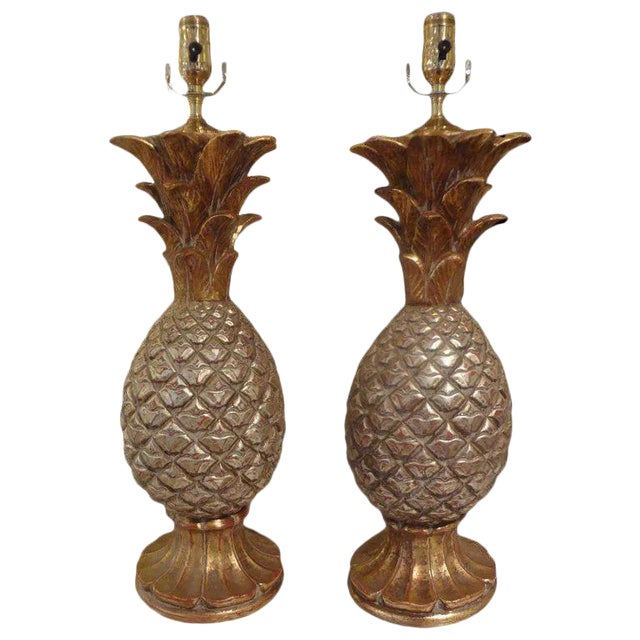 Pair of Vintage Italian Gilt Terra Cotta Pineapple Lamps For Sale