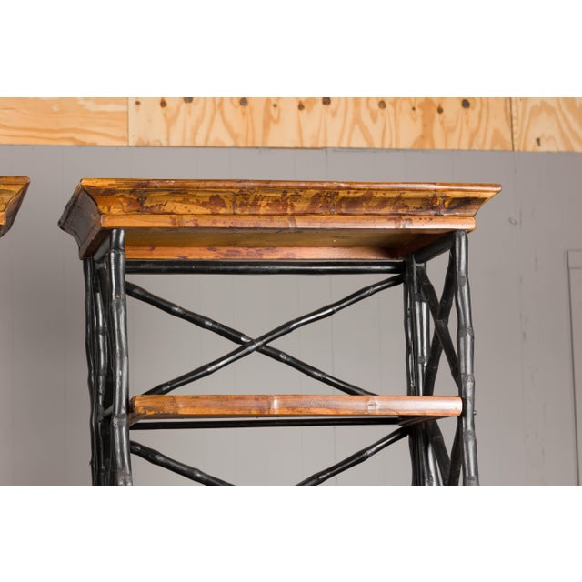 Midcentury Tall French Black and Brown Faux Bamboo Shelves, a Pair For Sale - Image 10 of 12
