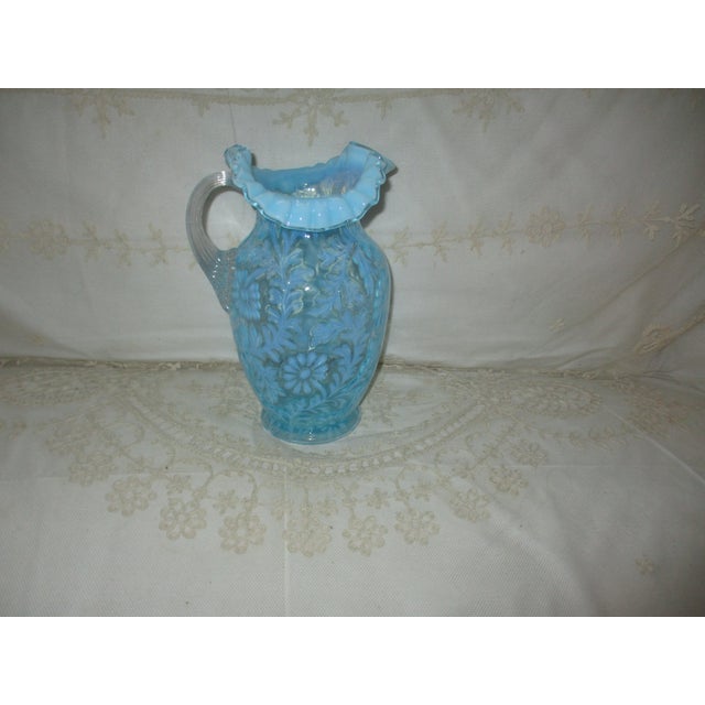 Cornflower Blue Antique Fenton Daisy and Fern Opalescent Blue Art Glass Pitcher For Sale - Image 8 of 10