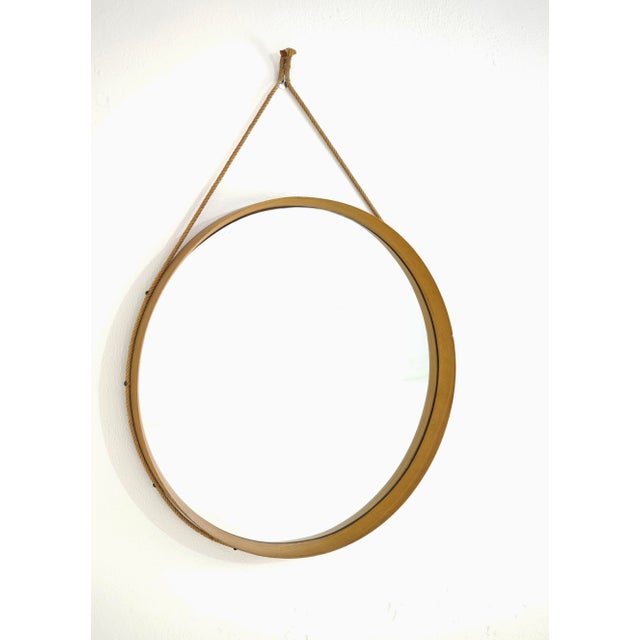 Mid-Century Modern Round Wooden Wall Mirror with Rope, 1950s For Sale - Image 4 of 15