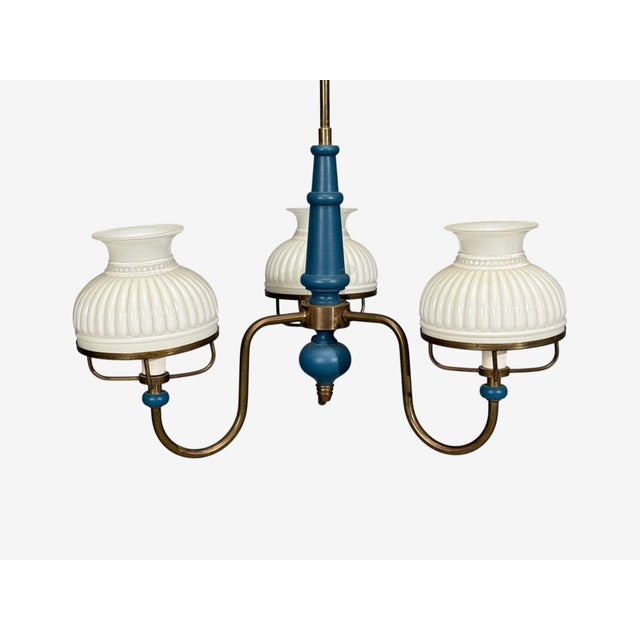 Metal 1940s Swedish Modern, Pendant Light, Blue Lacquered Wood, Glass, Brass For Sale - Image 7 of 12