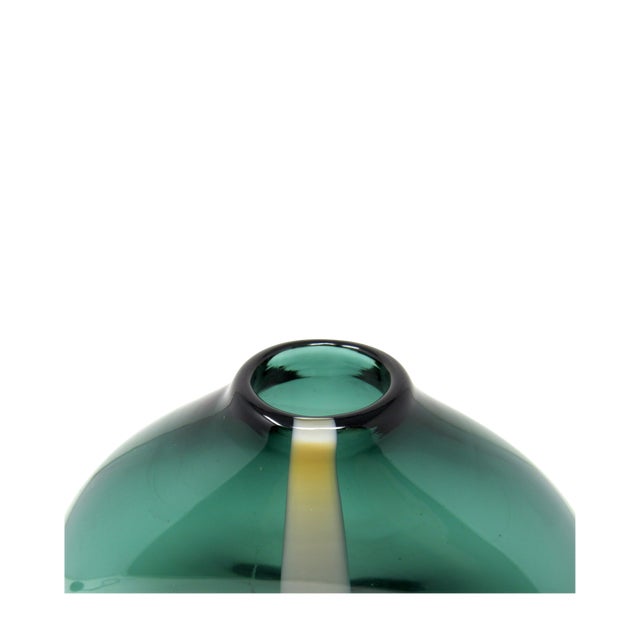 Contemporary Hand-Blown Dimpled Green Glass Vase With White Stripe For Sale - Image 3 of 9