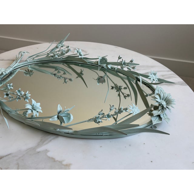 Vintage Italian Tole Floral Chinoiserie Style Oval Mirror in Soft Shade of Green For Sale - Image 14 of 18