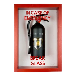 "In Case of Emergency Break Glass" Lamborghini Mixed Media Fire Extinguisher Sculpture by Plastic Jesus