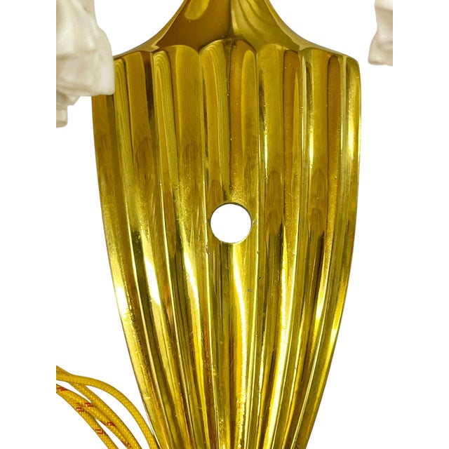 Vintage Pair of Brass & Copper Neoclassical Double-Arm Wall Sconces With Pleated Silk Shades For Sale - Image 10 of 18