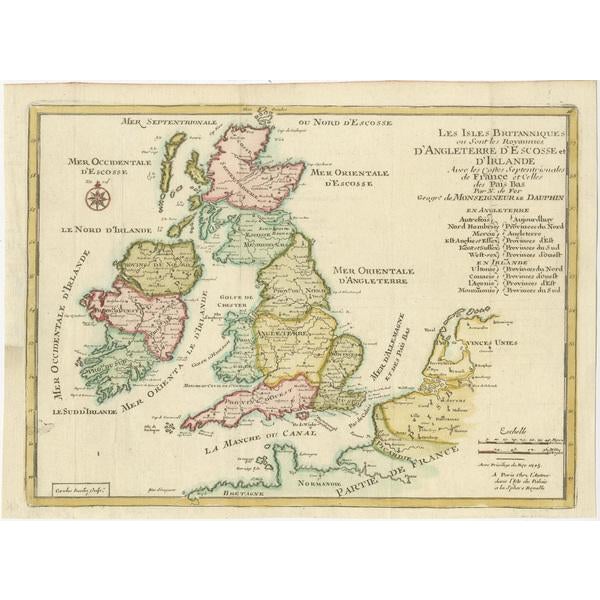 Antique map titled 'Les Isles Britanniques, ou sont les Royaumes d Angleterre (\.)'. Detailed map of England, Ireland,...