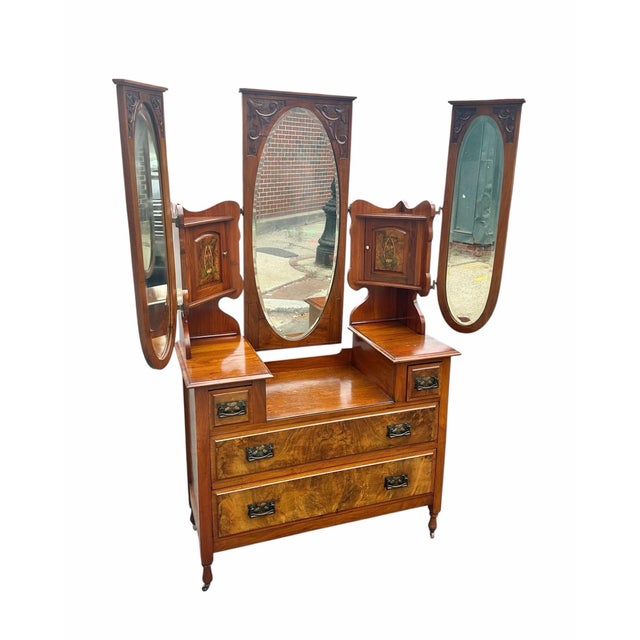 Art Nouveau Antique Art Nouveau Burled Walnut Ladies Dresser With Oval Folding Mirrors For Sale - Image 3 of 11