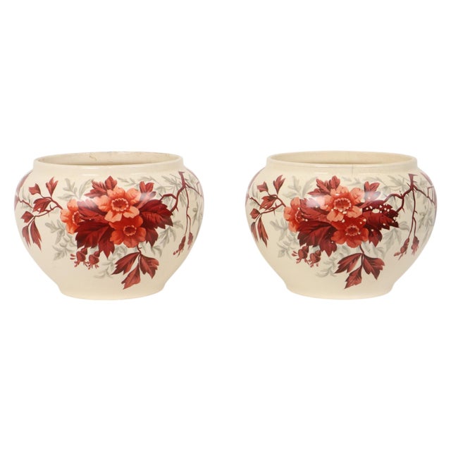 Large antique flower pots made of craquelé earthenware; XL cachepots featuring a red-to-brown floral design with...