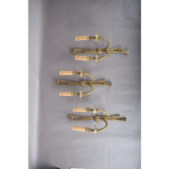 Brass Double-Arm Wall Sconces with Rope and Tassel Motif, 1950s, Set of 3 For Sale - Image 3 of 10