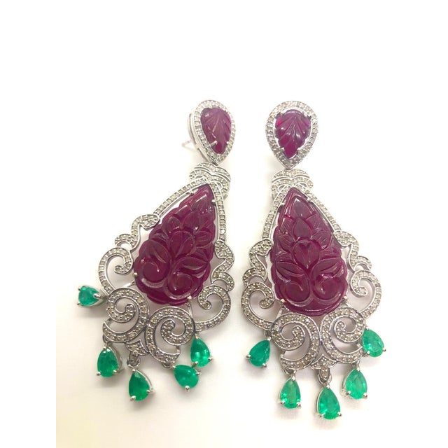Bochic “Capri” Vintage Emerald, Ruby & Diamond Earrings Set In 18K Gold & Silv For Sale - Image 9 of 11
