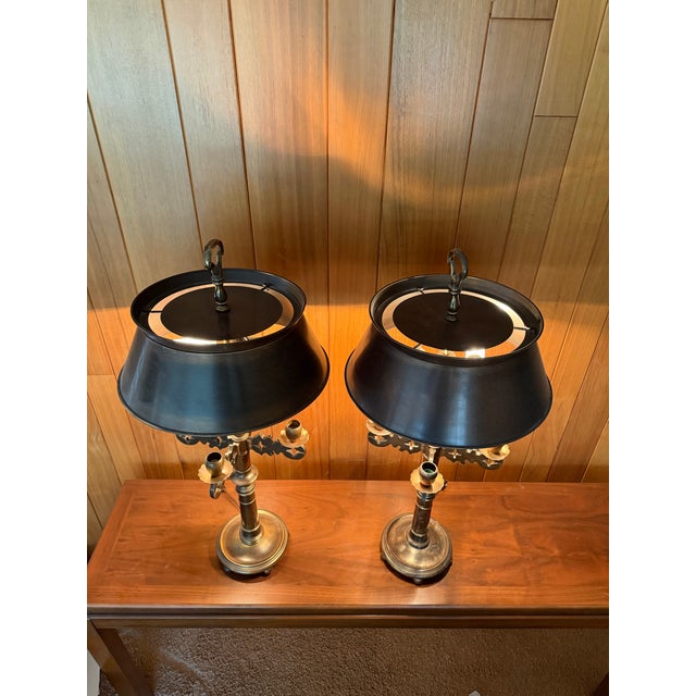 Mid 20th Century Pair of Mid-Century Frederick Cooper Brass Bouillotte Table Lamps With Adjustable Brass Tôle Shades For Sale - Image 5 of 10